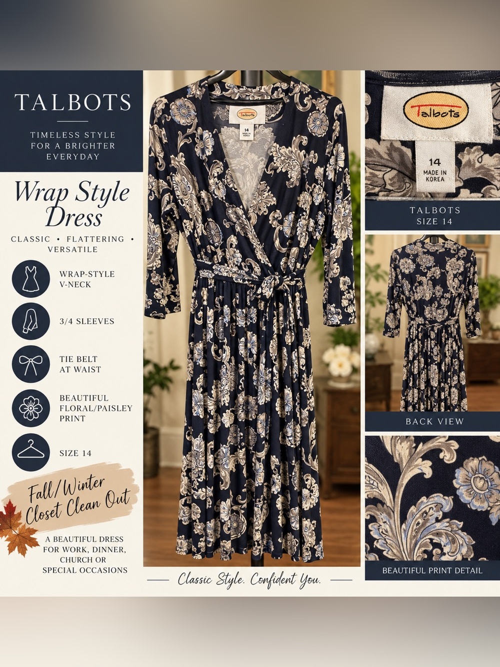 Talbots Navy Floral/Paisley Wrap-Style Dress